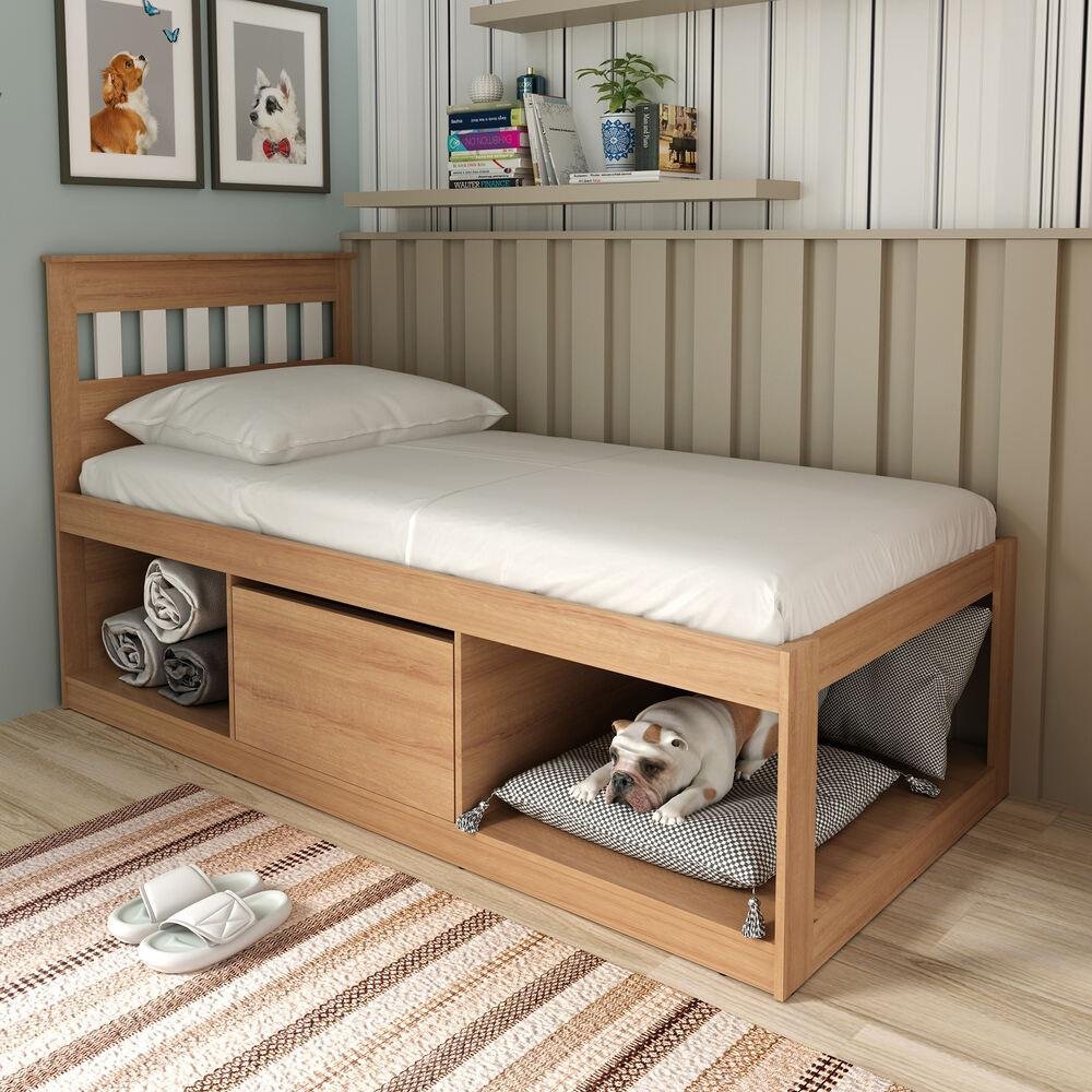 Cama Solteiro com 1 Porta e Nichos Espaço Pet Multimóveis CR40112 Amêndoa/ Branco