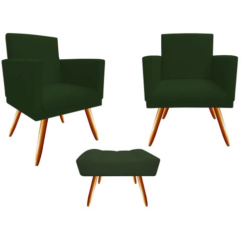 Kit 2 Poltronas Decorativa Bia + Puff Retangular Suede Verde Pés Madeira Ms Decor