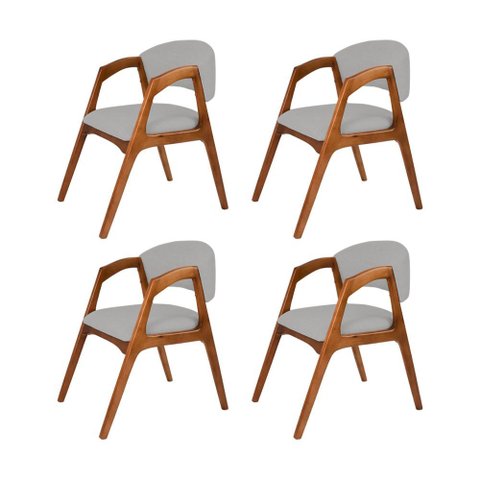 Conjunto com 4 Cadeiras de Jantar Estofada Gabriela em Madeira e Mdf Cerejeira Linho Cinza Prata