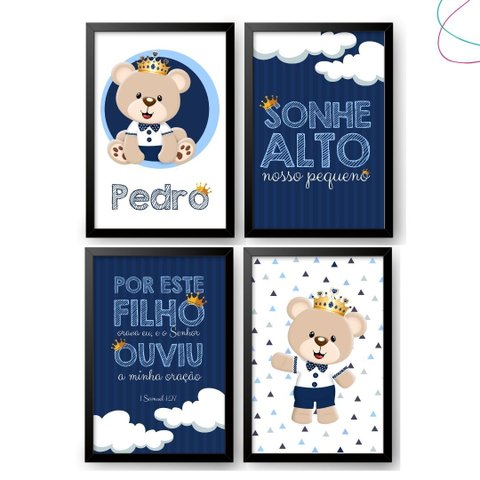 Kit com 4 Quadros Decorativos do Tema Ursinho Príncipe:preta