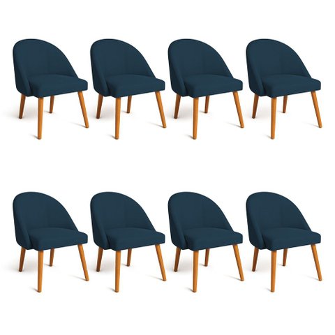 Kit 08 Cadeiras Poltrona de Jantar Lua Suede Azul Marinho Pé Palito Dal Poz Estofados