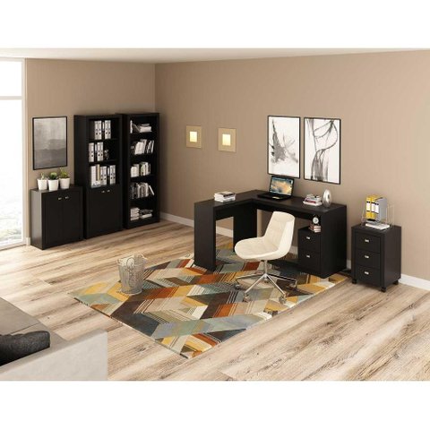Kit Escritório Completo 5 Peças com Mesa em L e Estantes Cor:preto