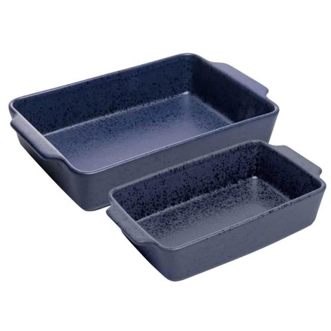 Jogo 2 Travessas Refratárias Assadeiras Média Grande Cerâmica Wolf Alças Mist Azul Matte
