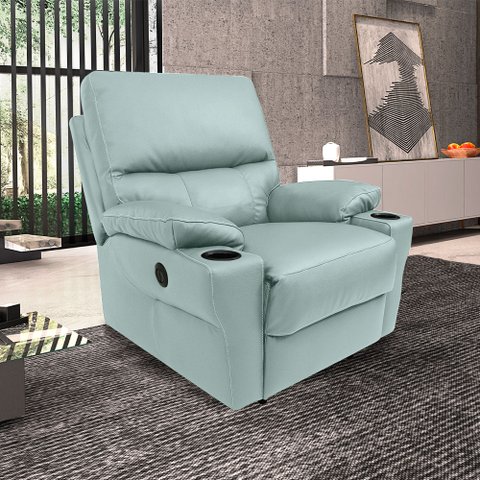 Poltrona do Papai Sala de Cinema Mia Reclinável Retrátil Power Elétrico Base Fixa Couro Azul Claro G