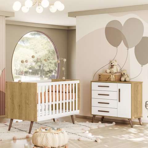 Quarto de Bebê com Berço Americano 3820 e Cômoda Infantil 3825 Qencanto Retrô Qmovi Freijó Branco Ac