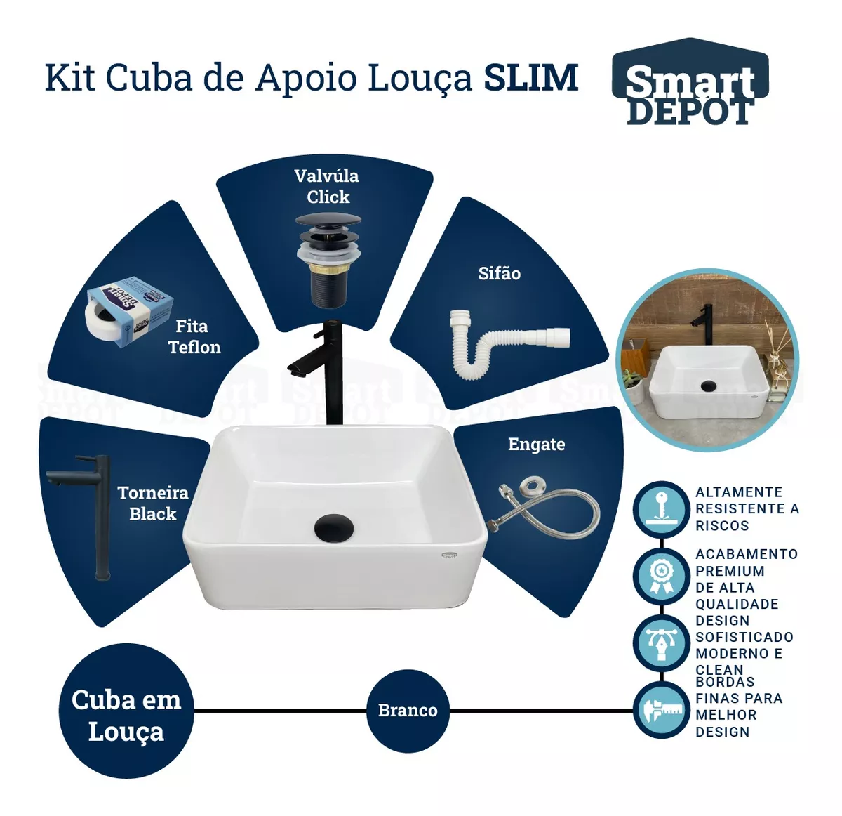 Cuba para Banheiro Slim com Torneira e Válvula Click Preto Sartin Smart Depot Pia Lavatório 40x30cm - 4