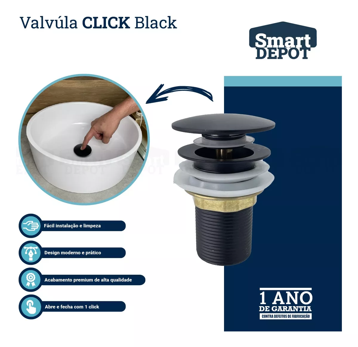 Cuba para Banheiro Slim com Torneira e Válvula Click Preto Sartin Smart Depot Pia Lavatório 40x30cm - 7