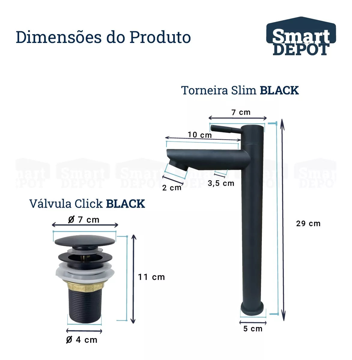 Cuba para Banheiro Slim com Torneira e Válvula Click Preto Sartin Smart Depot Pia Lavatório 40x30cm - 8