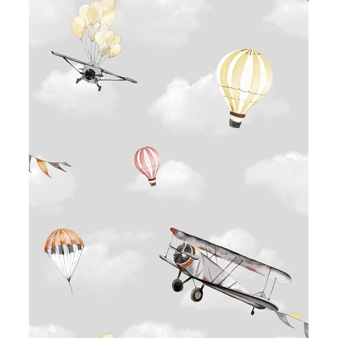 PAPEL DE PAREDE KANTAI HELLO KIDS - BALÃO E AVIÃO CINZA