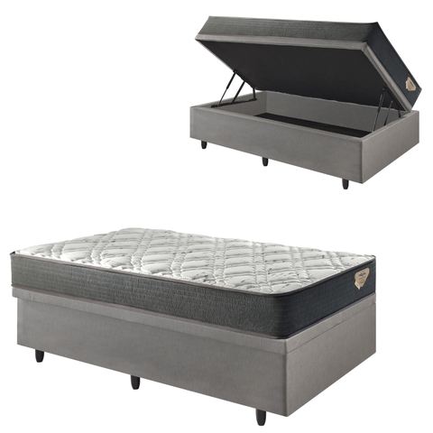 Cama Box Solteiro Baú Corino Linho  com Colchão Adapto Molas Ensacadas 88x188 Ecoflex