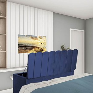Calçadeira Recamier Baú Dallas 160cm Queen Size Para Quarto Box Suede Azul Marinho - Amey Decor