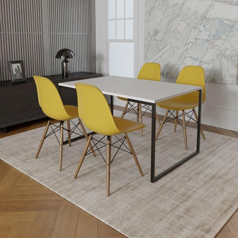 Mesa Industrial Base De Ferro Preto Tampo 137X90 Branco 4 Cadeiras Madeira Assento Amarelo Branco