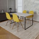 Ver imagem 1 de Mesa Industrial Base De Ferro Preto Tampo 137X90 Branco 4 Cadeiras Madeira Assento Amarelo Branco