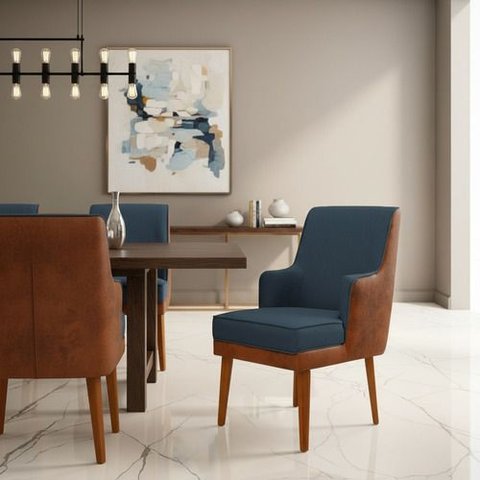 Kit 6 Cadeiras Virgínia C/ Braço Linho Azul Courissimo Nozes Linho Nozes Azul Jeans