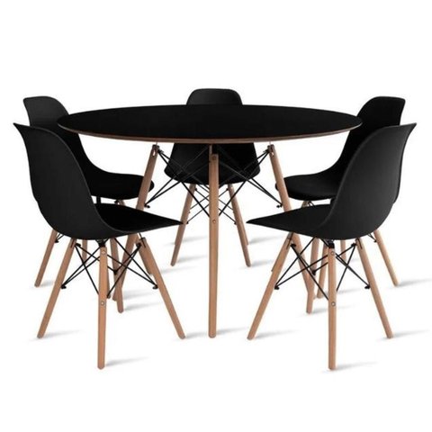 Conjunto de Mesa de Jantar Eames Eiffel Redonda 110cm Tampo de Madeira Preto com 5 Cadeiras Pretas