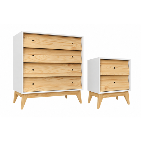 Conjunto 1 Mesa de Cabeceira + 1 Cômoda 4 Gavetas Retrô Angle Madeira / MDF Branco /Pinus Nuv
