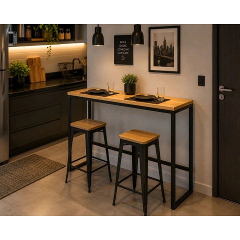 Mesa Jantar Aparador Bancada Alta Industrial 110x60cm Tampo Bege Pés Preto