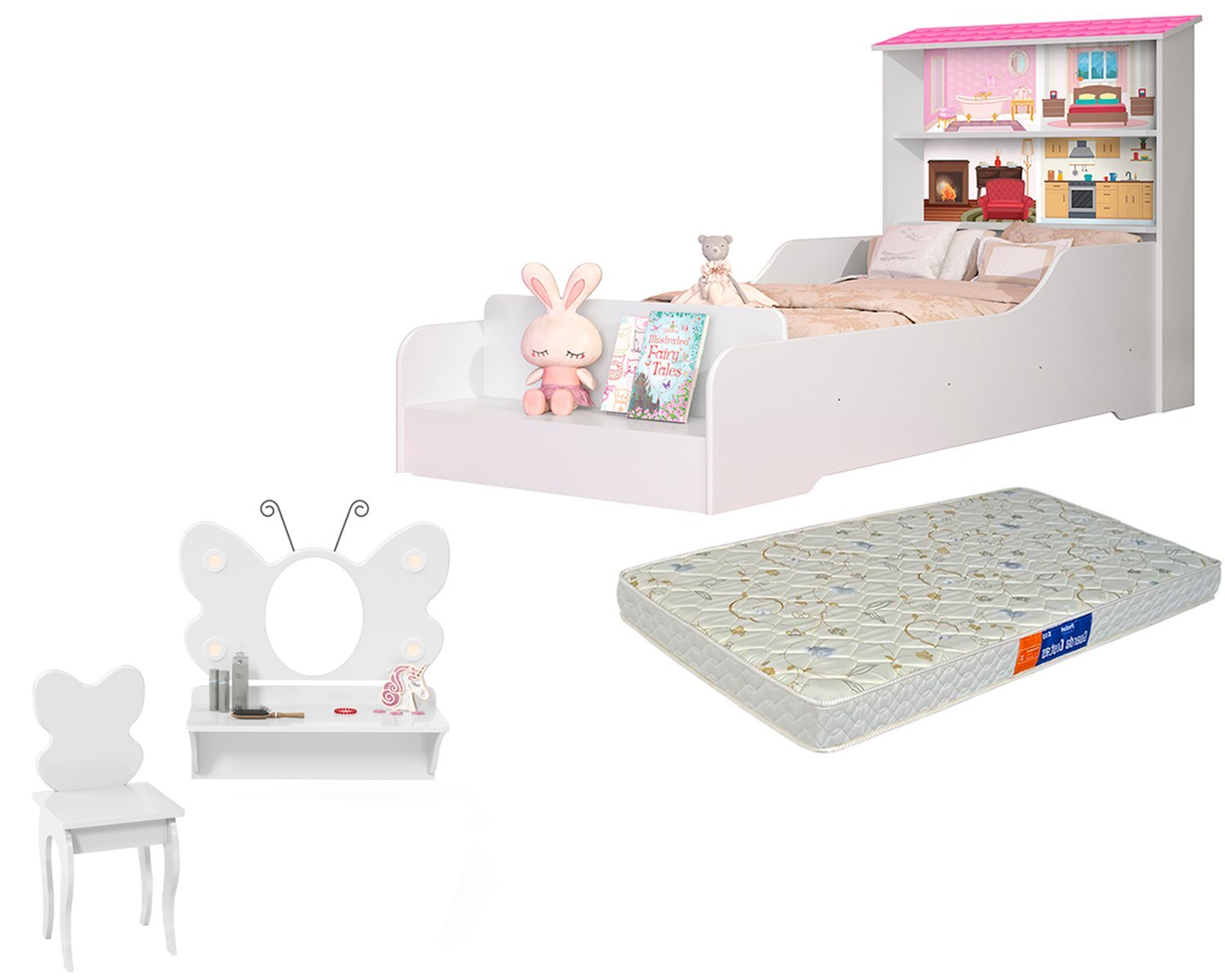 Cama Infantil Casinha de Boneca com Colchão Penteadeira Camarim Branco ...