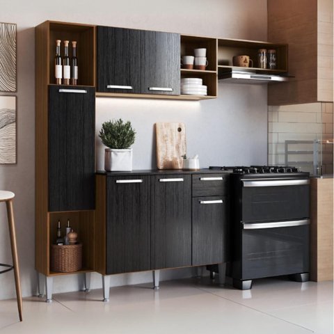 Armário de Cozinha Compacta Smart Multimóveis Mp2251 Madeirado/preto