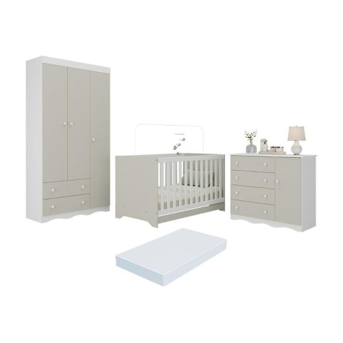 Quarto de Bebê Completo Berço Americano 3 em 1 Colchão Realeza Multimóveis Mp4607 Branco/off