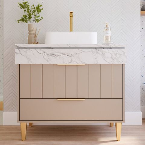Gabinete para Banheiro 90cm com 1 Porta 1 Gaveta e Cuba de Sobrepor Riviera Marrom/Cappuccino