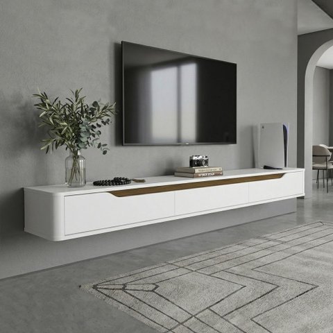 Rack Suspenso Slim Curvo 220cm para TV até 70” Moderno Luxo MDP/MDF com Portas Basculantes Branco Ce