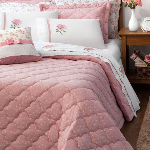 Kit Cobre Leito Casal Queen Yonara 07 Peças Tecido Percal Floral com Almofada Bordado Inglês - Ros