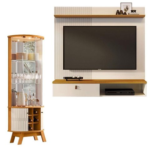 Estante Home Theater Suspenso Íris com Cristaleira Marina Cinamomo Off White – Madetec