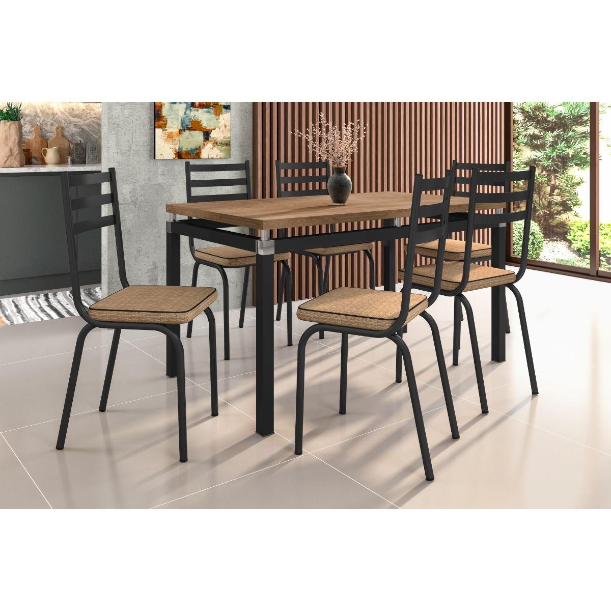 Jogo de Mesa Malva 140cm e 6 Cadeiras 118 Preto - Artefamol