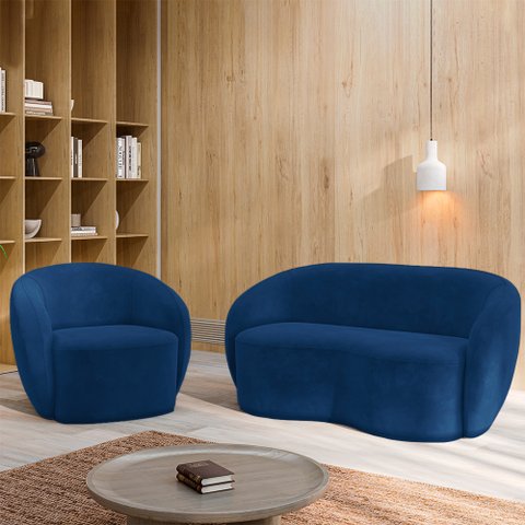 Conjunto 1 Sofá Living 180cm e 1 Poltrona Decorativa Sala de Estar Íbis Encosto Fixo Veludo Azul Mar