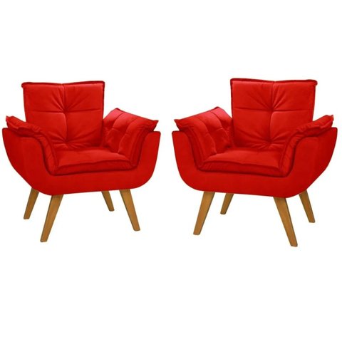 Kit 2 Poltrona Suede Vermelha Cadeira Decorativa Dani Sala Recepção Pés Caramelo