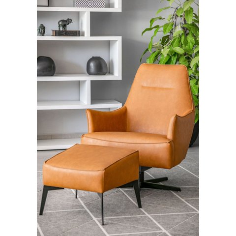 Poltrona e Puff Mooca - Couro Caramelo