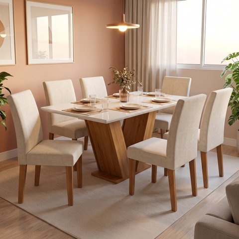 Conjunto Mesa de Jantar com 6 Cadeiras Estofadas e Tampo de Vidro 160x80cm Chocolate/Off White