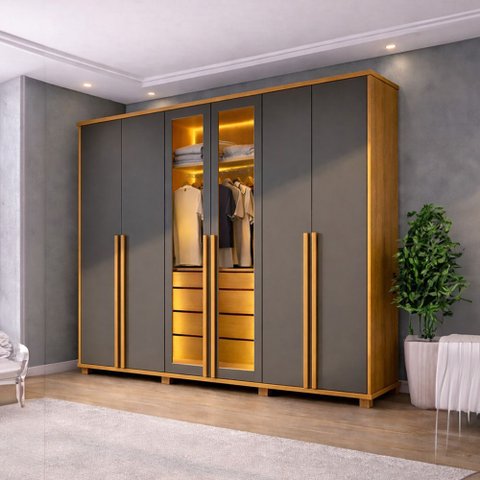 Guarda-Roupa Casal 6 Portas com LED e Vidro Reflecta 5 Gavetas Bélgica