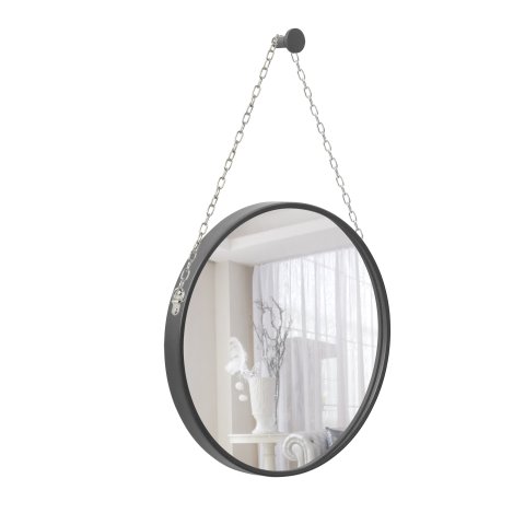 Espelho Decorativo Adnet Preto Alça Corrente Cromada 50 cm Redondo 50 cm
