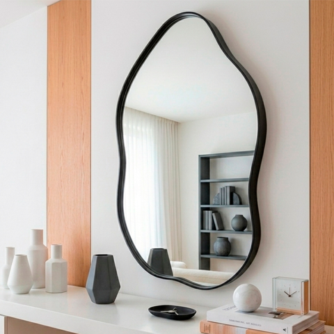 Espelho Decorativo Palace 60x40cm Orgânico Couro Ecológico Sala Banheiro Moderno Parede:Preto