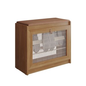 Banco Sapateira Plenitude Madeira Detalhe em Tela Ratan Acento Almofadado Corino Marrom - Ofertamo