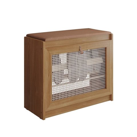 Banco Sapateira Plenitude Madeira Detalhe em Tela Ratan Acento Almofadado Corino Marrom - Ofertamo