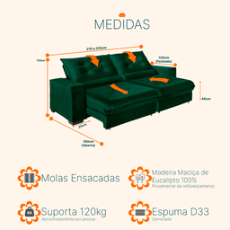 Sofá Retrátil e Reclinável 2,10m Molas Ensacadas Pillow Top Suede Cancún Verde - 3