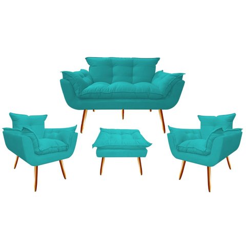 Kit Namoradeira + 2 Poltronas + 1 Puff Decorativo Opala Suede Azul Tifany Pés Madeira Mz Decor