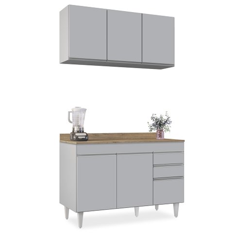 Armário de Cozinha Aéreo Virgínia e Balcão com Tampo 120cm Michigan Cinza Claro/castanho - Lumil Lum