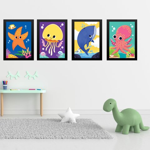 Kit 4 Quadros Quarto Infantil Tema Animais Marinhos 33x24cm - com Vidro:moldura Preta