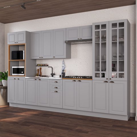 Cozinha Modulada 6 Peças 1 Torre Quente 1 Cristaleira com Vidro 2 Balcão sem Tampo 2 Aéreos 100% MDF com Rodapé Bari Cinza/Titanio Fosco