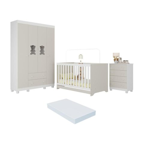 Quarto de Bebê Completo C/ Berço Americano 3 em 1 Colchão Fofura Multimóveis Mp4665 Branco/off