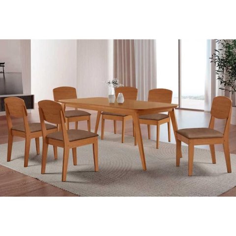 Conjunto: Mesa de Cozinha Havana C/ Tampo Madeirado Canto Curvo 180x90cm e 6 Cadeiras Havana