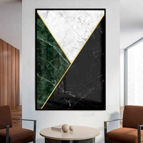 Quadro Decorativo Geométrico Mármore Verde, Preto e Branco em Moldura Caixa Tacolado Moldura Trad 1c