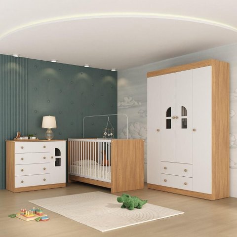 Quarto de Bebê Completo com Berço 3 em 1 para Colchão 130x60cm Amora Multimóveis Mp4549