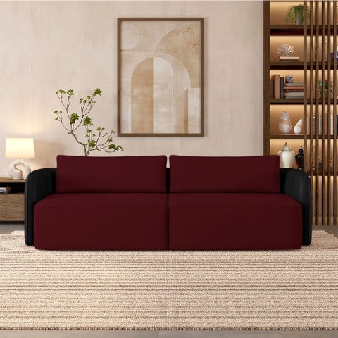Sofá Living Sala de Estar Abel 240cm Bipartido Pés de Madeira Pu/veludo Preto/bordô G33 - Gran Belo