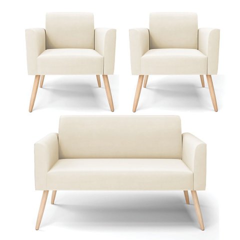 Sofá Namoradeira com 2 Poltronas Pés Palito Natural Marisa Veludo  