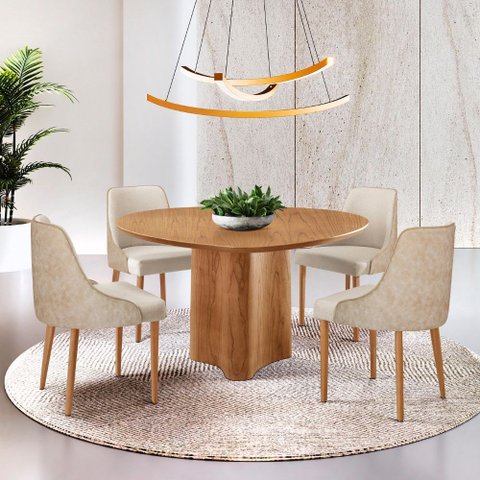 Sala de Jantar Mesa Selene 135cm Madeira Tampo Laminado com 4 Cadeiras Esmeralda